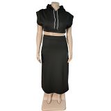 Fashion Plus Size Women Clothing Solid Color Hooded Crop Top And Long Skirt Casual Streetwear Two Piece Skirt Set