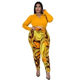 New Style Long Sleeve Printed Pants Plus Size Women Clothing Two Piece Set Two Piece Set Two Piece Pants Set