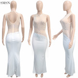 Amazon 2021 Sleeveless Perspective Tulle Rhinestone Dress Sexy Dress Women Evening Dresses