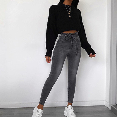 Fashion Casual Solid Color Women Jeans Stylish High Waisted Lace Up Pants