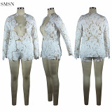New Trendy Solid Color Lace Cardigan Long Sleeve Shorts Two Piece Outfits Set Women Sets Two Piece Sexy 2 Piece Set Women