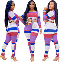 Fashion Casual Color Stripe Positioning Printed Long Sleeve Two Piece Set Two Piece Pants Set