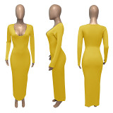 MOEN Fashionable Solid Color V Neck Bodycon Dress Women Long Sleeve Elegant Casual Maxi Dresses