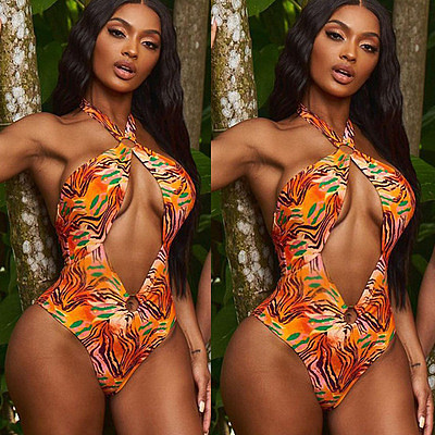 Hot Selling Halter cutout printed one-piece bathing suit swimsuit woman thong one piece swimsuit