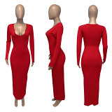 MOEN Fashionable Solid Color V Neck Bodycon Dress Women Long Sleeve Elegant Casual Maxi Dresses