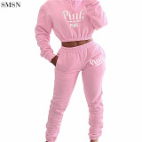 Newest Design Alpha-Printed Midriff Hooded Casual Suit Two Piece Sweatpants Set Women