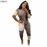 Newest Design Patchwork Clashing Sweater Slim Suit Two Piece Pants Set Women Clothing Casual