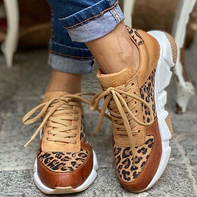 2021 new thick soled round toe leopard print shoes women's stitching lace up sneakers