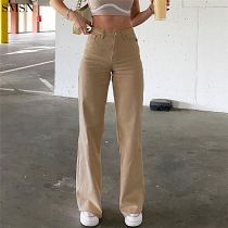 New Trendy Solid Color Loose And Slim High Waist Straight Pants Jeans Pants For Women 2021 Long Jeans Pants