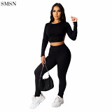 High Quality Pure Color Pit Strip Backless Slim Leisure Suit Crop Top Two Piece Sets