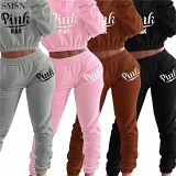 Newest Design Alpha-Printed Midriff Hooded Casual Suit Two Piece Sweatpants Set Women