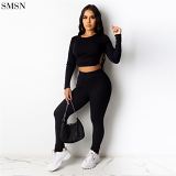 High Quality Pure Color Pit Strip Backless Slim Leisure Suit Crop Top Two Piece Sets