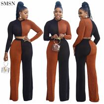 Newest Design Match Colour Wide Leg Trousers Round Collar Suit Elegant Two Piece Set