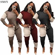 Newest Design Patchwork Clashing Sweater Slim Suit Two Piece Pants Set Women Clothing Casual