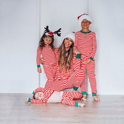 Amazon Christmas Parent-Child Suit Stripe Print Long Sleeve Home Casual Two Piece Suit
