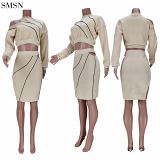 Newest Design Thread Hollow-Out Slit Round Collar Temperament Suit Skirt Women Skirt Sets Two Piece Set