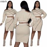 Newest Design Thread Hollow-Out Slit Round Collar Temperament Suit Skirt Women Skirt Sets Two Piece Set