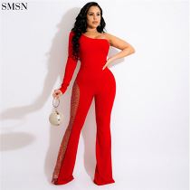 Fashionable Solid Color One-Sleeve Drill Sexy Jumpsuit One Piece Women Long Sleeve Jumpsuit