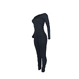 Autumn home wear casual long sleeve top and pants pleated stacked women black 2 piece pants set