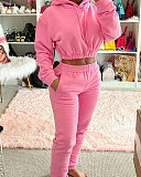 Casual waistless pure color sports pink hoodie crop top pants two piece sets