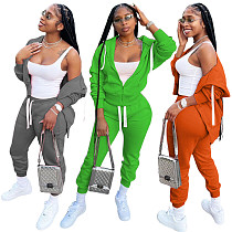 Casual solid color cardigan drawstring zipper sweatshirt sports 2 piece set track suit for women
