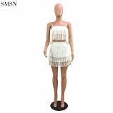 Newest Design Sexy Nightclub Strappy Fringe Skirt Suit Women Two Piece Short Set