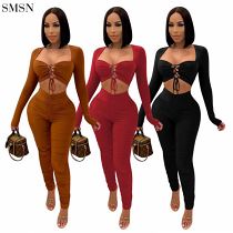 Best Design Solid Color Navel Revealing Pleated Trouser Suit 2 Piece Set Women Sexy Set