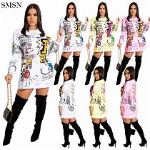 New Trendy Doodle Print Pullover Dress Casual Woman Dress Women Fall Clothes Dresses
