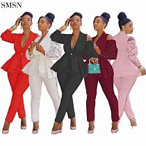 Latest Design Spliced Lace V Collar Professional Uniform Suit Women 2 Piece Casual Sets