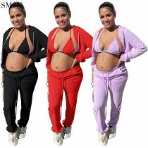 Newest Design Club Solid Color Cardigan Pants Strap Pocket Three Sets 3 Piece Set Women Clothing