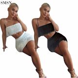 Newest Design Sexy Nightclub Strappy Fringe Skirt Suit Women Two Piece Short Set