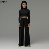 New Trendy Solid Color Tight Yoga Casual Wide Leg Pants Two-Piece Set Women Winter Cloth Sets