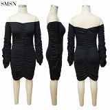 Good Quality Solid Color Sexy One-Shoulder Pleated Slim Dress Bodycon Mini Dress