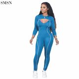 New Trendy Tight Sports Casual Solid Color Jumpsuit Suit Two Piece Jogger Set