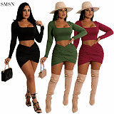 Solid Color Long Sleeve 2 Piece Set Women Skirt Two Piece Set 2 Pieces Sets