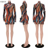 Womens Printing Half Collar Long Sleeve Dress Bodycon Dress Mini Dress