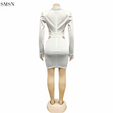 Solid Color Rhinestone Hollow Out V Neck Drawstring Long Sleeve Dress Sexy Dress Women Dress