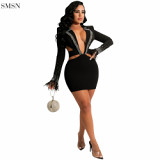 Solid Color Rhinestone Hollow Out V Neck Drawstring Long Sleeve Dress Sexy Dress Women Dress