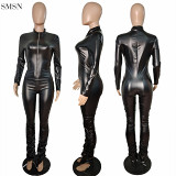Sexy Solid Color Artificial Leather  Long Sleeve Jumpsuit Women 2021 One Piece Jumpsuit Rompers Women