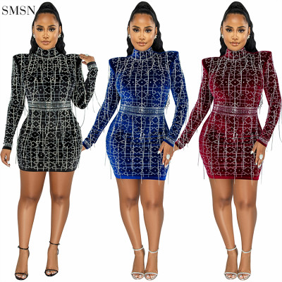 High Collar Sexy Culb Rhinestone Chain Long Sleeve Dress Sexy Dress Women Dress