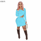 Casual Solid Color Long Sleeve Crop Top Two Piece Outfits Set Skirt Two Piece Set 2 Pieces Sets