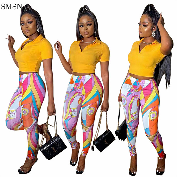 New Trendy Sexy Short Sleeve Polo Shirt Printed Pants Women'S Clothes Set 2 Piece Set Women Two Piece Pants Set