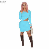 Casual Solid Color Long Sleeve Crop Top Two Piece Outfits Set Skirt Two Piece Set 2 Pieces Sets