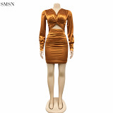 Solid Color V Neck Hollow Out Long Sleeve Dress Bodycon Dress Mini Dress