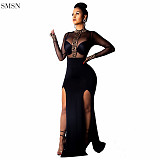 Turtleneck Black Tulle Printing Splicing Long Sleeve Dress Sexy Dress Long Dress