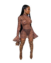 Sexy Leopard Print Long Sleeve Mesh Sexy Flared Sleeve Dress