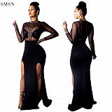 Turtleneck Black Tulle Printing Splicing Long Sleeve Dress Sexy Dress Long Dress