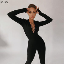 Casual Solid Color V Neck Long Sleeve Jumpsuit Women 2021 One Piece Jumpsuit Rompers Women