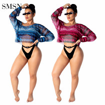 Sexy Summer Long Sleeve Printed Mesh Blouse Tops For Women 2021 Woman Tops Fashionable