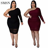 Fashion Solid Mesh One Shoulder Plus Size Women'S Dresses Plus Size Sexy Dress Long Dress